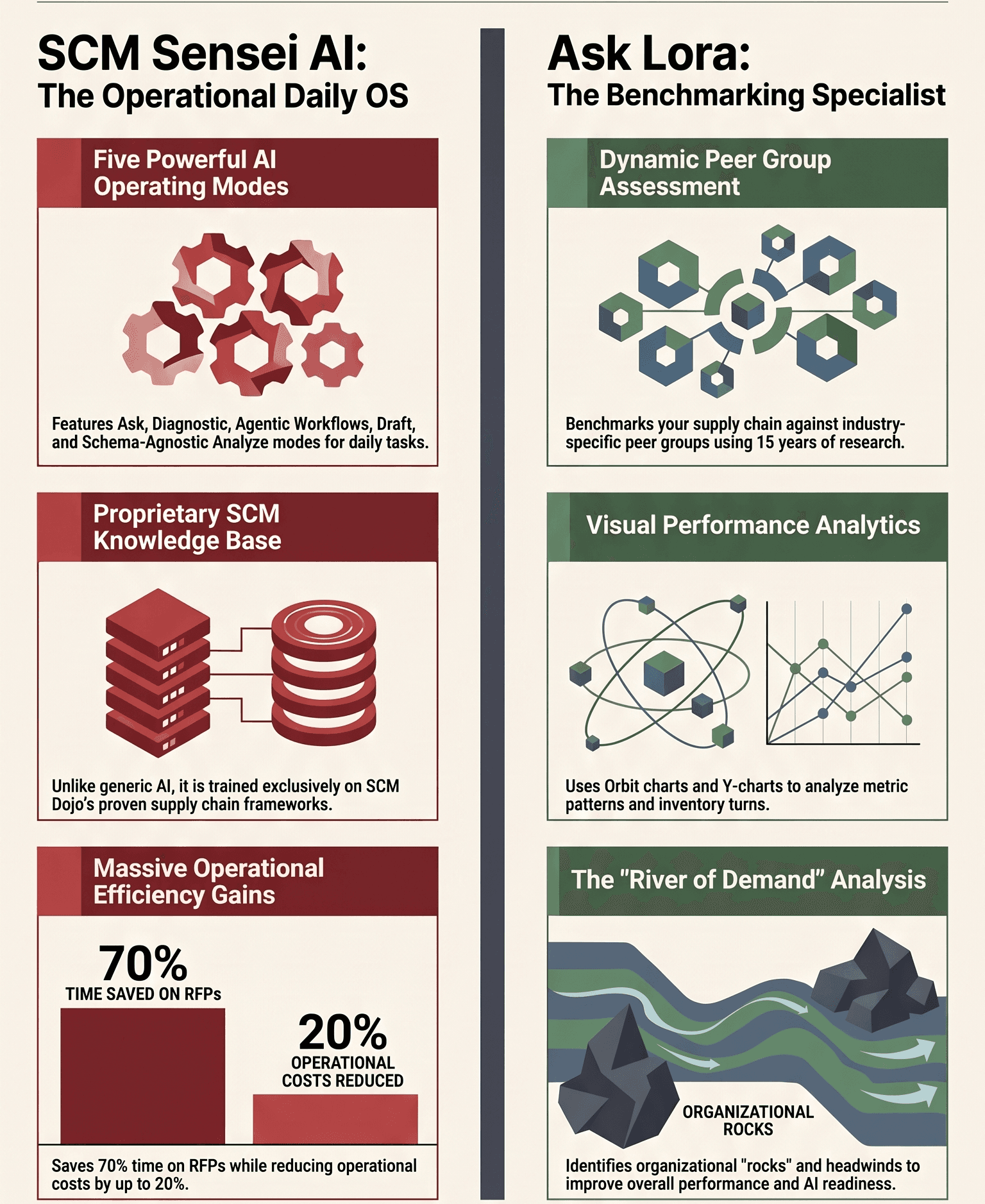 Visual comparison infographic: SCM SENSEI AI five operating modes versus Ask Lora benchmarking analytics